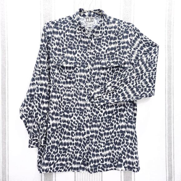 VINTAGE 90s 100%‎ Silk Leopard Print Button Down Shirt Womens Sz M Long Sleeve - Picture 2 of 7